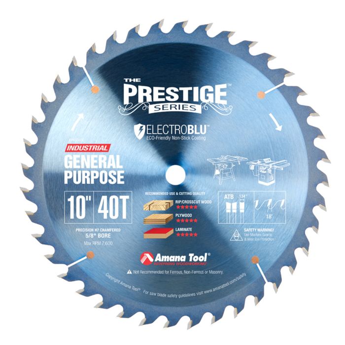 Amana tool PR1040C Electro-Blu Carbide Tipped Prestige 10 Inch D 40T ATB, 18 Deg, 5/8 Bore, Non-Stick Coated Circular Saw Blade