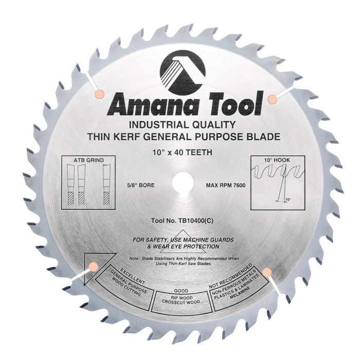 Amana tool TB10400 Carbide Tipped Thin Kerf General Purpose 10 Inch D x 40T ATB, 15 Deg, 5/8 Bore, Circular Saw Blade