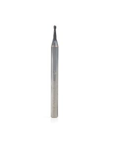 Amana tool 51746 Mini Solid Carbide Spiral for Steel, Stainless Steel & Composites, AlTiN Coated 0.0225 Radius x 0.045 Dia x 0.135 Cut Height x 1/8 Shank x 1-1/2 Inch Long Up-Cut 2-Flute Bal End Router Bit/End Mil