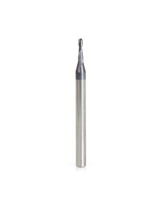 Amana tool 51748 Mini Solid Carbide Spiral for Steel, Stainless Steel & Composites, AlTiN Coated 0.0275 Radius x 0.055 Dia x 0.267 Cut Height x 1/8 Shank x 1-1/2 Inch Long Up-Cut 2-Flute Bal End Router Bit/End Mil