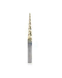 Amana tool 46281 CNC 2D and 3D Carving 3.6 Deg Tapered Angle Bal Nose x 1/16 D x 1/32 R x 1-1/2 CH x 1/4 SHK x 3 Inch Long x 3 Flute SC ZrN Coated Upcut Router Bit