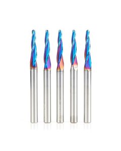 Amana tool 46286-K-5 5-Pc CNC Solid Carbide Spektra Extreme tool Life Coated Tapered Spiral 2D/3D Carving 1/8 Dia x 1/4 Inch SHK Router Bit Pack