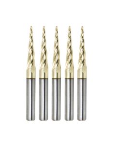 Amana 46282-5, 5-Pack CNC 2D and 3D Carving 5.4 Deg Tapered Angle Ball Tip 1/16 Dia x 1/32 Radius x 1 x 1/4 Shank x 3 Inch Long x 4 Flute Solid Carbide Up-Cut Spiral ZrN Coated Router Bits