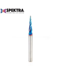 Amana 46282-K CNC 2D and 3D Carving 5.4 Deg Tapered Angle Ball Tip 1/16 Dia x 1/32 Radius x 1 x 1/4 Shank x 3 Inch Long x 4 Flute Solid Carbide Up-Cut Spiral Spektra™ Extreme Tool Life Coated Router Bit