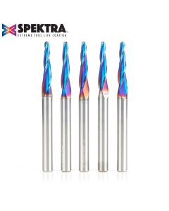 Amana 46286-K-5 5-Pack CNC 2D and 3D Carving 3.6 Deg Tapered Angle Ball Tip 1/8 Dia x 1/16 Radius x 1  x 1/4 Shank x 3 Inch Long x 3 Flute Solid Carbide Up-Cut Spiral Spektra™ Extreme Tool Life Coated Router Bit