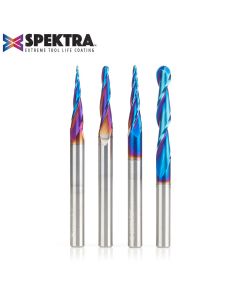 Amana AMS-148-K 4-Pc Solid Carbide Up-Cut Spiral 2D/3D Carving Ball Nose Spektra™ Extreme Tool Life Coated CNC Router Bit Set, 1/4 Inch Shank, Includes 1/32, 1/16, 1/8 & 1/4 Diameters.