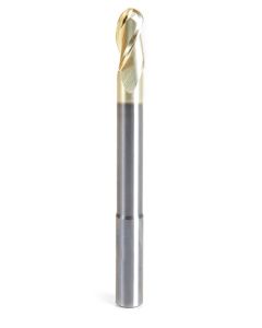 Amana tool 46491 Extra Long CNC 2D and 3D Carving Tapered Bal Nose 0.10 Deg Angle x 3/8 Dia x 3/16 Radius x 3/4 Cut Height x 3/8 Shank x 4 Inch Long x 3 Flute Solid Carbide ZrN Coated Reduced Shank Router Bit