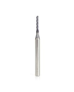 Amana tool 51760 Mini Solid Carbide Spiral for Steel, Stainless Steel & Composites, AlTiN Coated 0.030 Radius x 0.060 Dia x 0.360 Cut Height x 1/8 Shank x 1-1/2 Inch Long Up-Cut 4-Flute Bal End Router Bit/End Mil