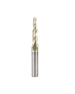Amana tool 46286-S CNC 2D and 3D Carving 3.6 Deg Tapered Angle Bal Nose x 1/8 D x 1/16 R x 1 CH x 1/4 SHK x 2-1/4 Inch Long x 3 Flute SC ZrN Coated Upcut Router Bit
