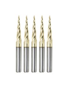 Amana tool 46282-5, 5-Pack CNC 2D and 3D Carving 5.4 Deg Tapered Angle Bal Nose x 1/16 D x 1/32 R x 1 CH x 1/4 SHK x 3 Inch Long x 4 Flute SC ZrN Coated Upcut Router Bits