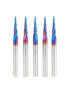 Amana tool 46282-K-5 5-Pc CNC Solid Carbide Spektra Extreme tool Life Coated Tapered Spiral 2D/3D Carving 1/16 Dia x 1/4 Inch SHK Router Bit Pack