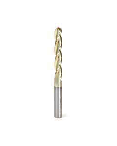 Amana tool 46494 CNC 2D and 3D Carving 0.10 Deg Straight Angle Bal Nose x 3/8 D x 3/16 R x 2-1/4 CH x 3/8 SHK x 4 Inch Long x 3 Flute SC ZrN Coated Upcut Router Bit