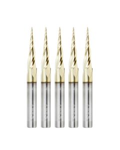 Amana 46280-5, 5-Pack CNC 2D and 3D Carving 6.2 Deg Tapered Angle Ball Tip x 1/32 Dia x 1/64 Radius x 1 x 1/4 Shank x 3 Inch Long x 3 Flute Solid Carbide Up-Cut Spiral ZrN Coated Router Bits