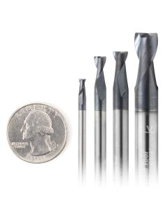 Amana tool AMS-154 4-Pack Spiral 1/8, 3/16, 1/4, and 3/8 D, Stainless Steel & Non-Ferrous Metal Cutting with AlTiN Coating Upcut Router Bit / 45 Deg Corner Chamfer End Mil