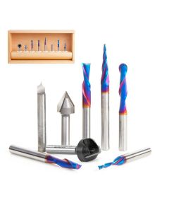 Amana tool AMS-177-K 8-Pc CNC Router Bit Colection Featuring V-Grooves, Point Roundover and Multi-Purpose Spektra Bits, 1/4 Shank in Wooden Box