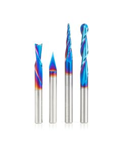 Amana tool AMS-188-K 4-Pc CNC Solid Carbide Spektra Extreme tool Life Coated Signmaking/Engraving CNC Router Bit Pack, 1/4 Inch Shank