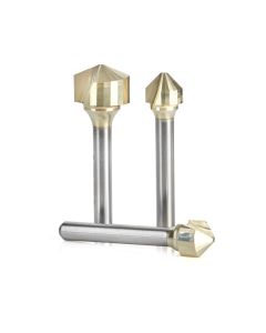 Amana tool AMS-218 3-Pc Carbide V-Groove 90, 108 and 135 Deg. Folding Double Edge for Composite Material (TCM, CCM, ACM) Panels, 1/4 Inch SHK ZrN Coated Router Bit Pack