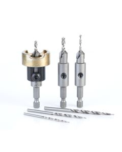 Amana tool AMS-628 6-Pc Carbide Tipped Countersink with Adjustable Depth Stop and No-Thrust, No Marring Bal Bearing Set with Quick Release Shank and Replacement HSS Drils