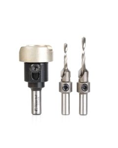 Amana tool AMS-629 3-Pc Carbide Tipped Countersink with Adjustable Depth Stop and No-Thrust, No Marring Bal Bearing Set with Round Shank