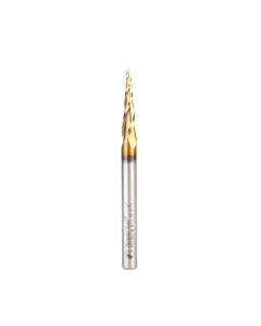 Amana tool HSS1303-M CNC 2D and 3D Carving Bal Nose 5.1 Deg Tapered Angle x 1.5mm Dia x 0.75mm Radius x 26mm CH x 6mm Shank x 76mm Inch Long x 3 Flute High Speed Steel (HSS) ZrN Coated Upcut Router Bit