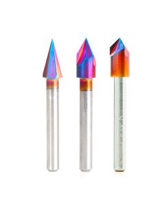 Amana tool AMS-248-K 3-Pc CNC Spektra Extreme tool Life Coated 30, 60 and 90 Deg V-Groove Solid Carbide (Brazed To Steel Shank) 1/4 Inch Shank Pack