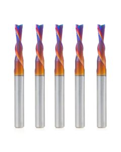Amana tool 46211-K-5, 5-Pack SC Spektra Extreme tool Life Coated Spiral Plunge 5mm Dia x 3/4 CH x 1/4 SHK 2-1/2 Inch Long Down-Cut Router Bits for Driling Shelf Pin Holes