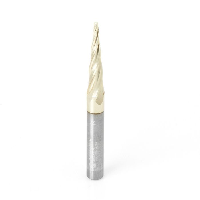 Amana tool 46282 CNC 2D and 3D Carving 5.4 Deg Tapered Angle Bal Nose x 1/16 D x 1/32 R x 1 CH x 1/4 SHK x 3 Inch Long x 4 Flute SC ZrN Coated Upcut Router Bit