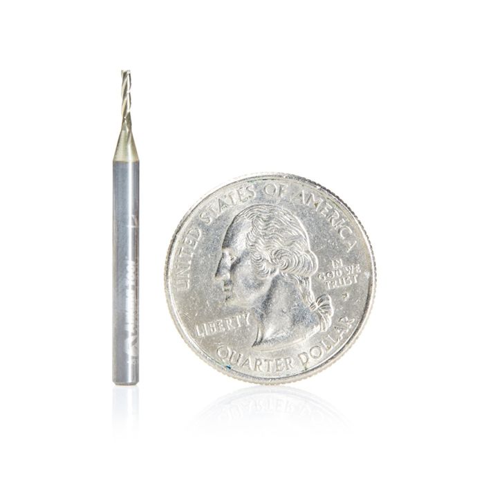 Amana tool 46093 Solid Carbide Spiral 1.2mm Dia x 5mm Cut Height x 1/8 Inch Shank x 35mm Long Composite, Fiberglass & Phenolic Cutting ZrN Coated 3 Flute Up-Cut Router Bit