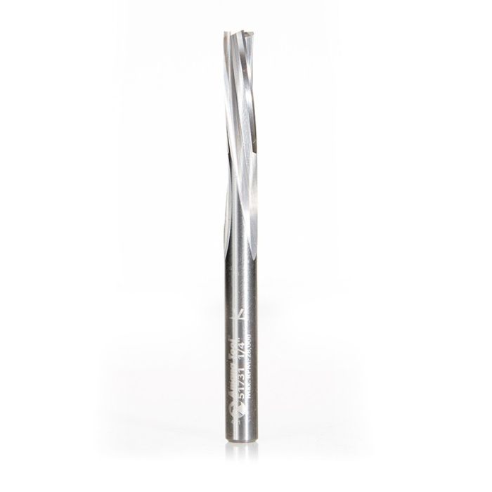 Amana tool 51731 Solid Carbide Spiral Finisher 1/4 Dia x 7/8 Cut Height x 1/4 Shank x 3 Inch Long Down-Cut Router Bit, Leaves an Extra High Surface Finish