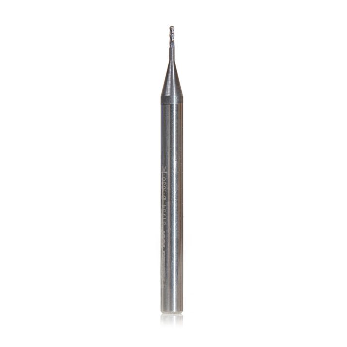 Amana tool 51754 Mini Solid Carbide Spiral for Steel, Stainless Steel & Composites, AlTiN Coated 0.015 Radius x 0.030 Dia x 0.090 Cut Height x 1/8 Shank x 1-1/2 Inch Long Up-Cut 4-Flute Bal End Router Bit/End Mil