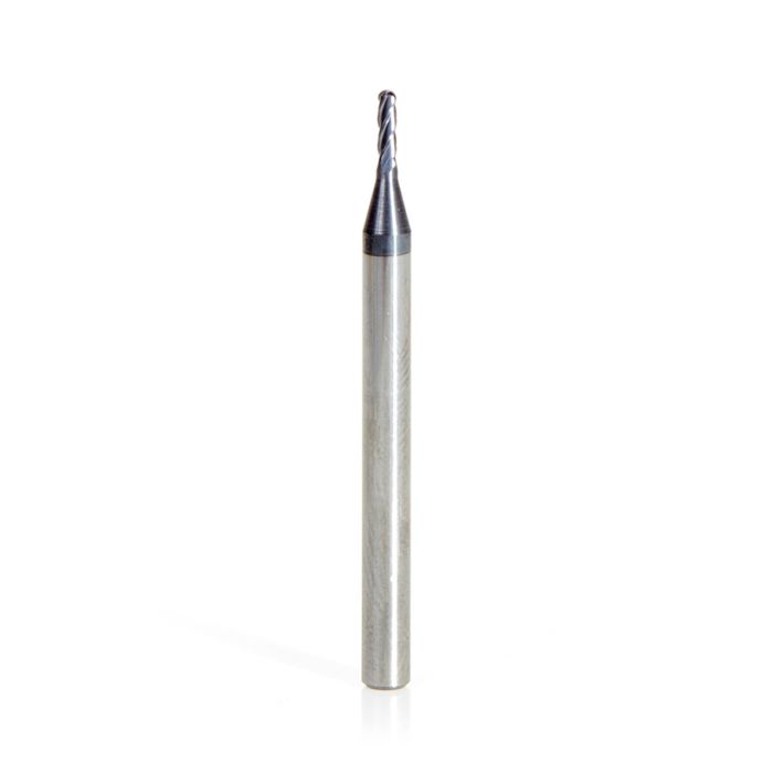 Amana tool 51758 Mini Solid Carbide Spiral for Steel, Stainless Steel & Composites, AlTiN Coated 0.025 Radius x 0.050 Dia x 0.174 Cut Height x 1/8 Shank x 1-1/2 Inch Long Up-Cut 4-Flute Bal End Router Bit/End Mil