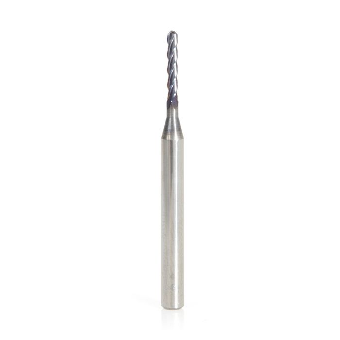 Amana tool 51760 Mini Solid Carbide Spiral for Steel, Stainless Steel & Composites, AlTiN Coated 0.030 Radius x 0.060 Dia x 0.360 Cut Height x 1/8 Shank x 1-1/2 Inch Long Up-Cut 4-Flute Bal End Router Bit/End Mil