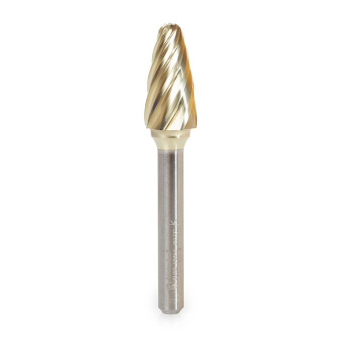 Amana tool BURS-144NF Radius Tree Shape SC Head 1/2 D x 1 CH x 1/4 SHK x 2-3/4 Inch Long ZrN Coated Double Cut SF Burr Bit