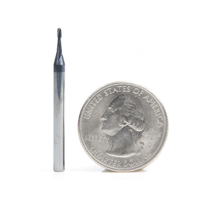 Amana tool 51747 Mini SC Spiral for Steel, Stainless Steel & Composites, AlTiN Coated 0.0250 R x 0.050 D x 0.174 CH x 1/8 SHK x 1-1/2 Inch Long Up-Cut 2-Flute Bal End Router Bit/End Mil