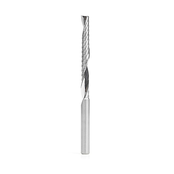 Amana tool 51646 CNC SC Spiral O Single Flute, Plastic Cutting 1/4 D x 2-1/4 CH x 1/4 SHK x 3-3/4 Inch Long Up-Cut Router Bit with Mirror Finish