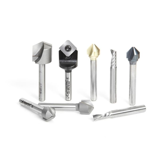 Amana tool AMS-151 8-Pc V-Groove for Double Edge Folding Aluminum Composite Material (ACM) Panels Router Bit Colection, 1/4 Inch Shank
