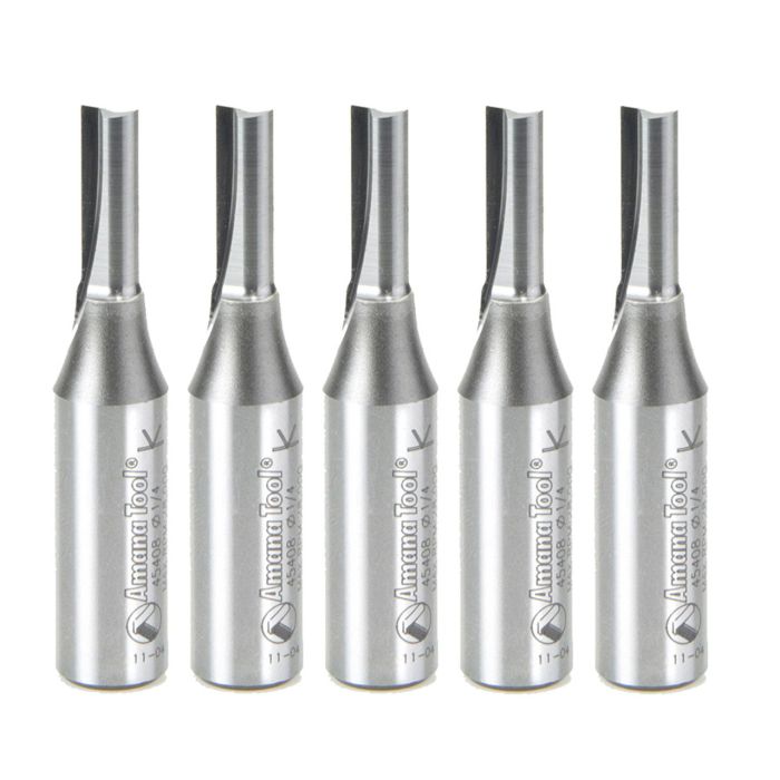 Amana tool 45408-5, 5-Pack Solid Carbide Cutting Edge Straight Plunge High Production 1/4 D x 3/4 CH x 1/2 SHK x 2-1/2 Inch Long Router Bits