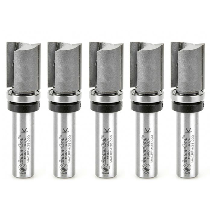 Amana tool 45463-5, 5-Pack Carbide Tipped Flush Trim Plunge Template 3/4 D x 1 Inch CH x 1/2 SHK w/ Upper Bal Bearing Router Bits