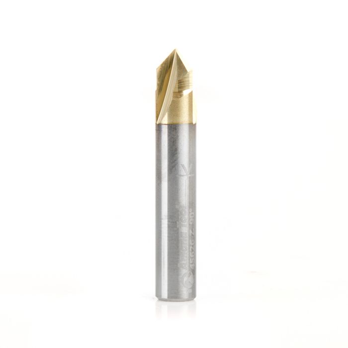 Amana tool 45626-Z Zero-Point Solid Carbide V Groove 90 Deg x 1/4 D x 1/4 CH x 1/4 Inch SHK ZrN Coated 3 Flute Router Bit