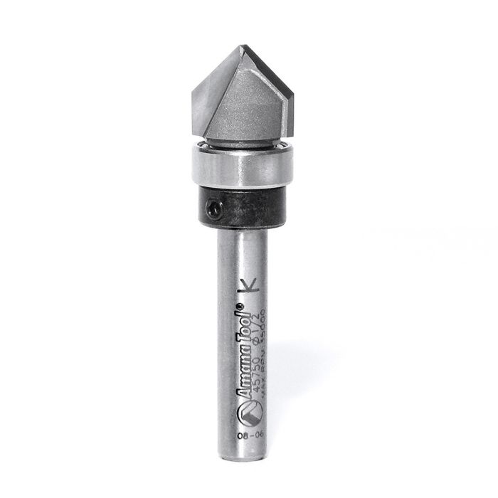 Amana tool 45750 Carbide Tipped V Groove 90 Deg x 1/2 D x 1/2 CH x 1/4 Inch SHK w/ Upper Bal Bearing Router Bit