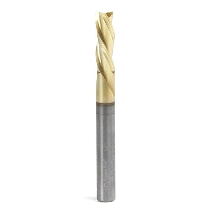 Amana tool 46097 Solid Carbide Spiral 1/4 Dia x 3/4 Cut Height x 1/4 Shank x 2-1/2 Inch Long Composite, Fiberglass & Phenolic Cutting ZrN Coated Down-Cut Router Bit