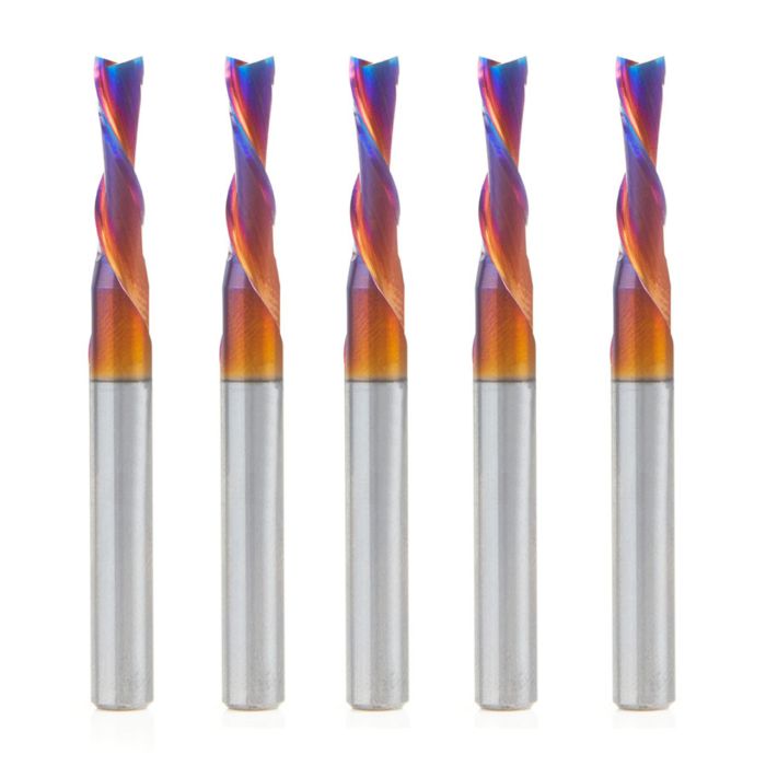 Amana tool 46211-K-5, 5-Pack SC Spektra Extreme tool Life Coated Spiral Plunge 5mm Dia x 3/4 CH x 1/4 SHK 2-1/2 Inch Long Down-Cut Router Bits for Driling Shelf Pin Holes