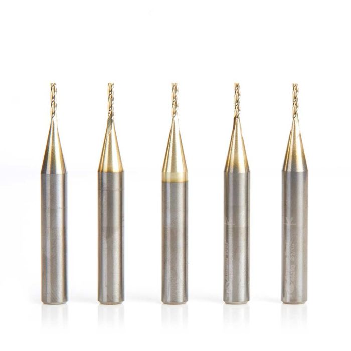 Amana tool 46290-5, 5-Pack CNC 2D and 3D Carving 0.10 Deg Tapered Angle Flat Bottom x 1/16 D x 5/16 CH x 1/4 SHK x 2 Inch Long x 3 Flute SC ZrN Coated Router Bit