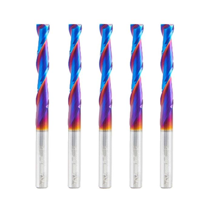 Amana tool 46577-K-5, 5-Pack CNC Spektra Extreme tool Life Coated Spiral 2D/3D Carving 0.10 Deg Straight Angle Flat Bottom x 1/4 D x 1-1/2 CH x 1/4 SHK x 3 Inch Long x 2 Flute SC Up-Cut Router Bits
