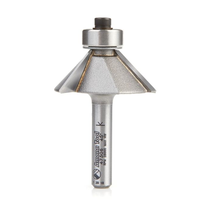 Amana tool 47306 Carbide Tipped Chamfer 45 Deg Angle x 1-19/64 D x 7/16 CH x 1/4 Inch SHK w/ Bal Bearing 3-Flute Router Bit