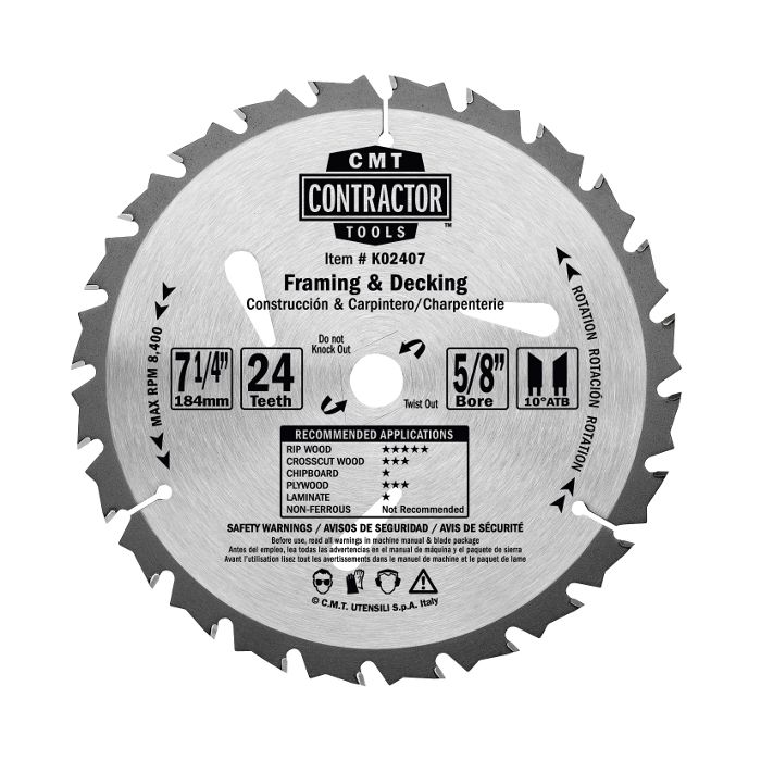 CMT K02408 ITK Contractor Framing/Decking Saw Blade, 8-1/1 X 24 Teeth, 10° ATB with 5/8-Inch<> Bore