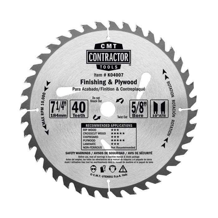 CMT K04007-X10 ITK Contractor Finishing Saw Blade (10-pcs masterpack), 7-1/4 x 40 Teeth, 10° ATB with 5/8-Inch<> bore