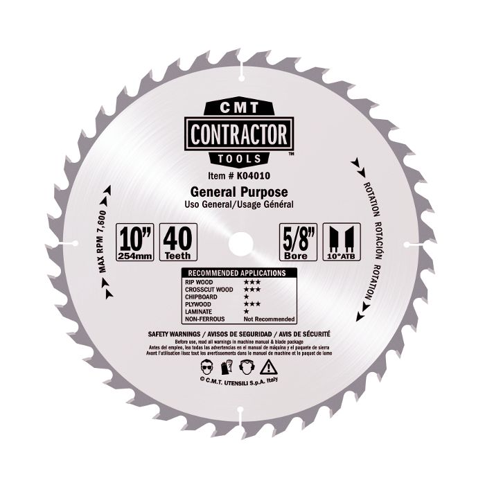 CMT K04010 ITK Contractor General Purpose Saw Blade, 10 x 40 Teeth, 10° ATB with 5/8-Inch bore