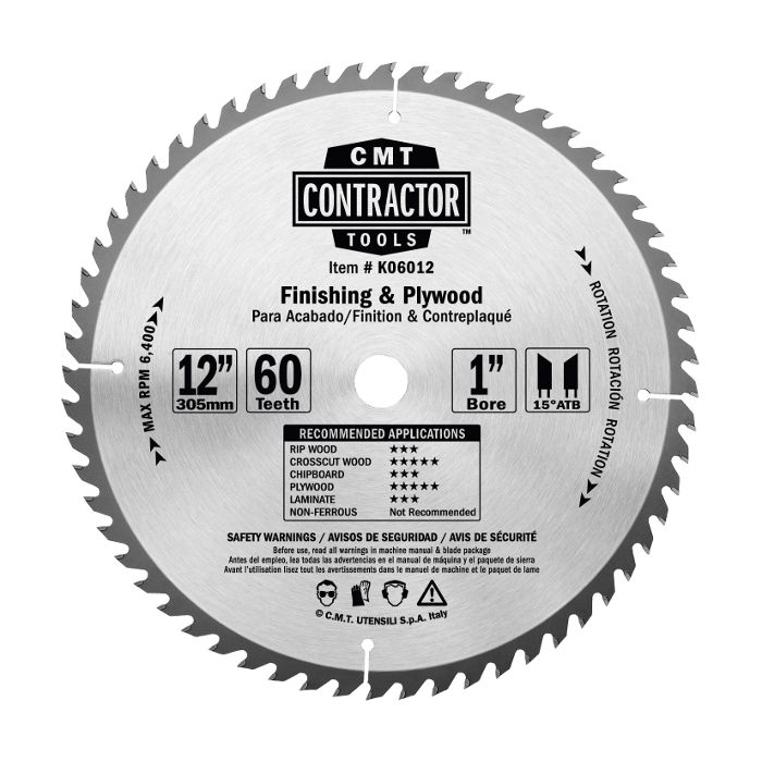 CMT K06012 ITK Contractor Finish & Plywood Saw Blade, 12 x 60 Teeth, 10° ATB with 1-Inch bore