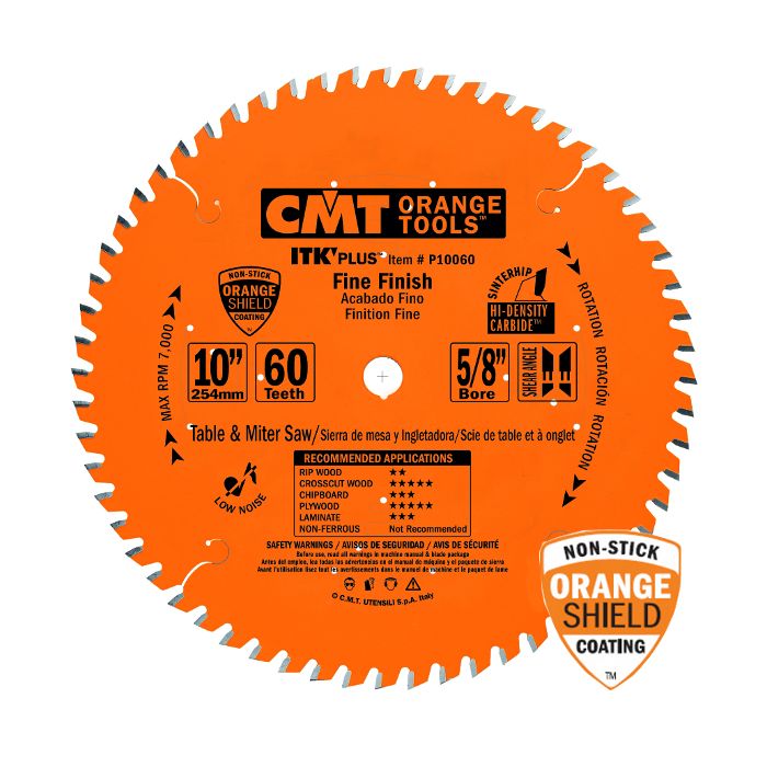 CMT P10060 ITK Plus Finish Saw Blade, 10 x 60 Teeth, 10° ATB+Shear with 5/8-Inch bore